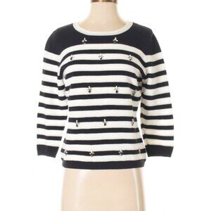 Per Se Black & White Striped Pullover Sweater with Bumble Bee Charms - Small